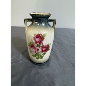 Vintage 5‎ inch tall floral vase cream colored, rose pattern, green trim